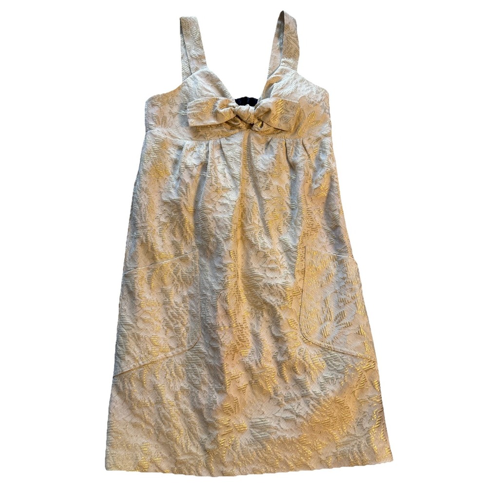 BCBG Paris Cocktail Dress Womens Gold Excellent Floral Brocade Bow Mini Size 8